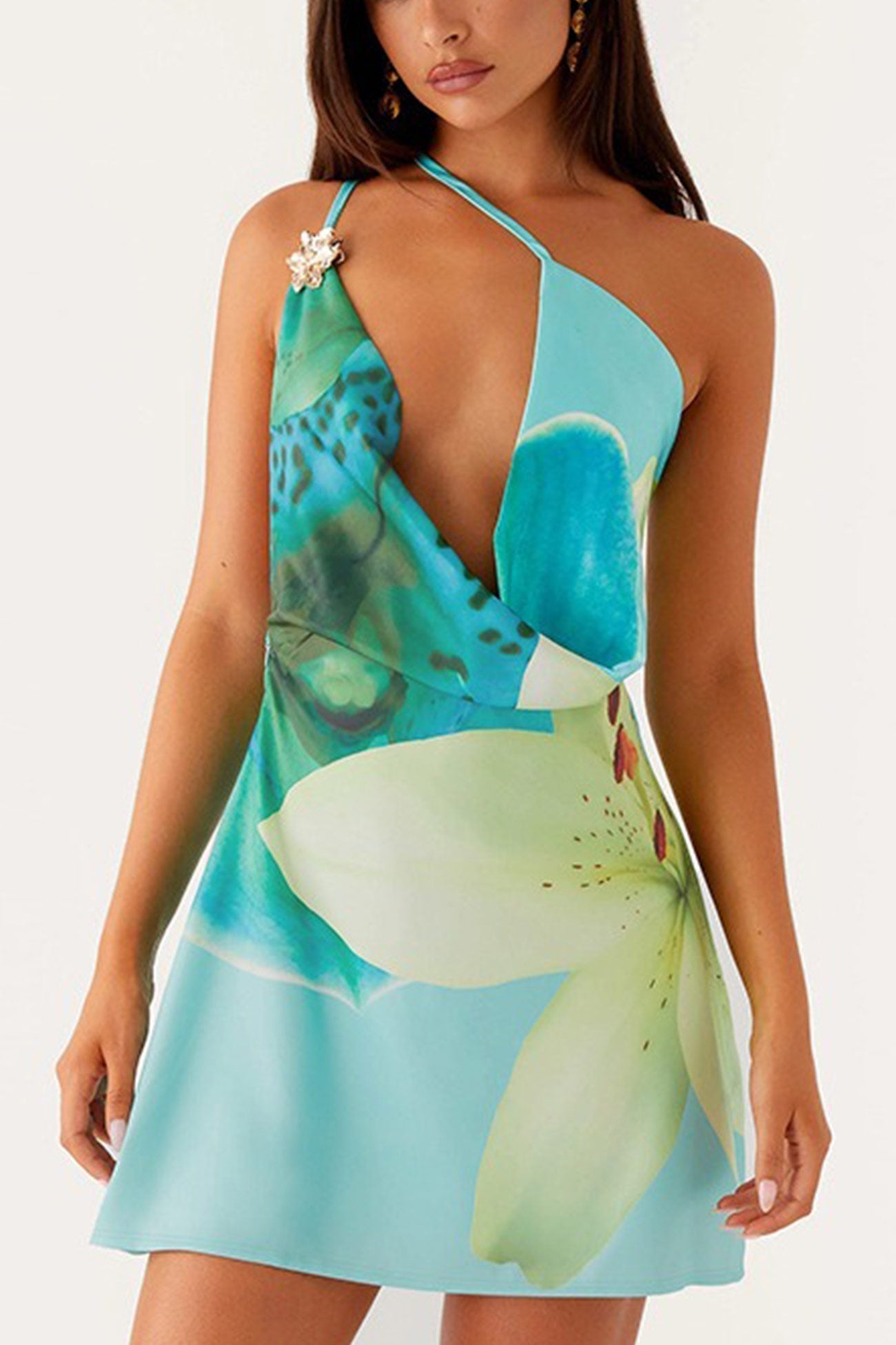 Floral Cowl Neck One shoulder Mini Dress