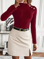 Burgundy Stand Collar Button Detail Slim Fit Long Sleeve Rib Knit Tee For Office And Casual