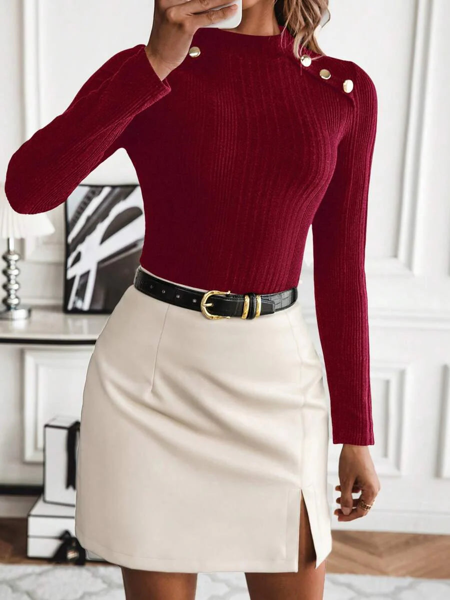 Burgundy Stand Collar Button Detail Slim Fit Long Sleeve Rib Knit Tee For Office And Casual
