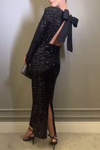 Linda Aesthetic Solid Color Sequin Bow O Neck Evening Dresses Premium Wardrobe Essential