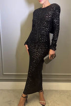 Linda Aesthetic Solid Color Sequin Bow O Neck Evening Dresses Premium Wardrobe Essential