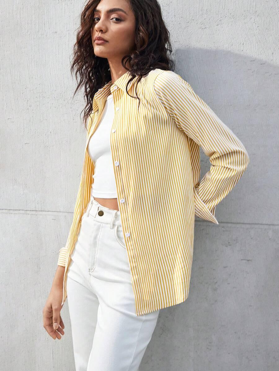 Front Button-Down Long Sleeve Shirt Versatile Elegant Chic