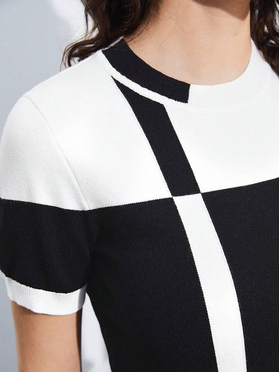 Two Tone Knit Top Short Sleeve Casual Effortless Style