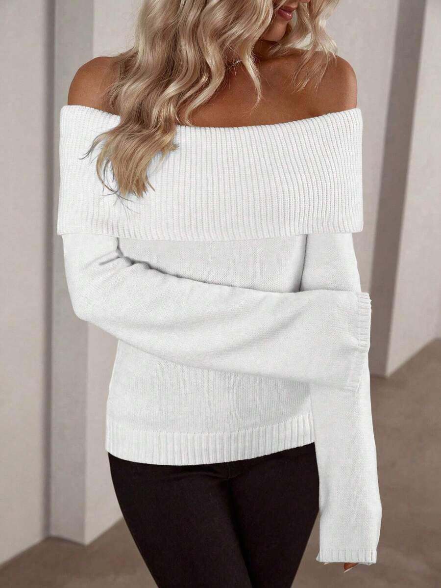 Off Shoulder Foldover Ribbed Knit Jumper