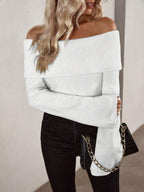 Off Shoulder Foldover Ribbed Knit Jumper