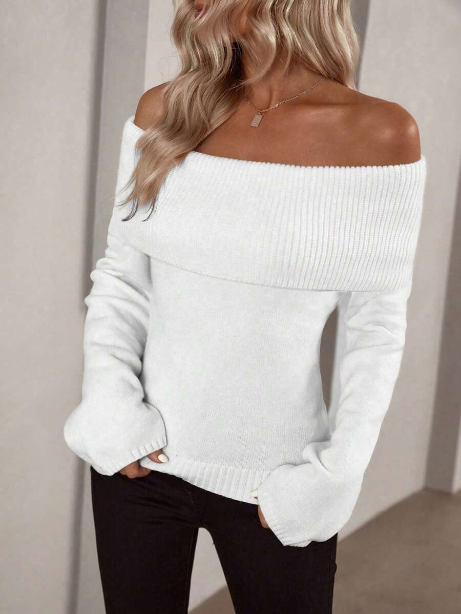 Off Shoulder Foldover Ribbed Knit Jumper