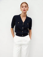 V Neck Knit Top Short Sleeve Office Ready Casual Chic