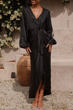 Arabella Elevated Long Sleeved Dress with a V Neckline and a Tie Waist Statement Occasion Edit