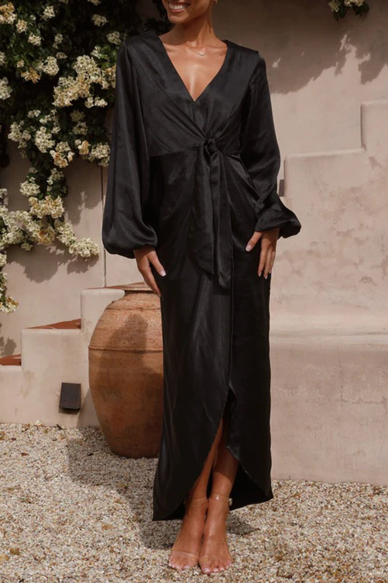Arabella Elevated Long Sleeved Dress with a V Neckline and a Tie Waist Statement Occasion Edit
