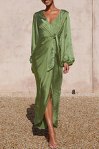 Arabella Elevated Long Sleeved Dress with a V Neckline and a Tie Waist Statement Occasion Edit
