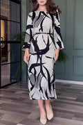 Rhiannon Chic Stripe Print with Belt Zipper, O Neck, a Line Dresses Designer Edit