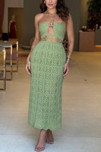 Avena Crochet Knit Cutout Waist Halter Texture Slit Maxi Dress