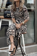 Quiana Luxe Street Vintage Animal Print Pleated O Neck One Step Skirt Dresses Chic Silhouette Collection