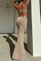 Selene Boutique Holiday Dresses Solid Color Backless V Neck Wrap Skirt Chic Silhouette Collection