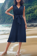 Paz Aesthetic , Sleeveless Dresses with Solid Frenulum Pleats and a V Neck Designer Edit