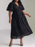 Sabrina Minimalist Long Lace Dress with V Neck and Puff Sleeves Designer Edit