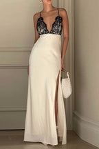 Francisca Aesthetic Sling Dresses Made of Solid Lace with a Backless Slit and V Neck Boutique Dress Collection
