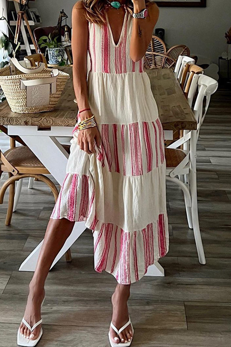 Eugenia Premium Casual Striped Patchwork V Neck Dresses Evening Wear Edit