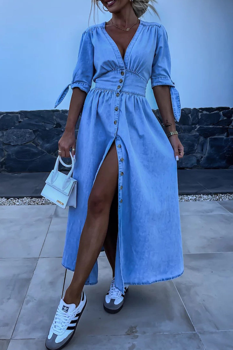 Alina Chic Solid Color Loose Denim Dresses with V Neck, Half Length Sleeves and Buckle Premium Wardrobe Essential