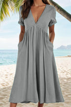 Vilma Chic Casual Solid a Line Dresses with Pocket Pleat and V Neck Boutique Collection