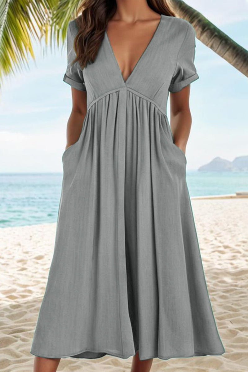Vilma Chic Casual Solid a Line Dresses with Pocket Pleat and V Neck Boutique Collection