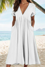 Vilma Chic Casual Solid a Line Dresses with Pocket Pleat and V Neck Boutique Collection