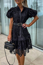 Valeria Effortless Solid Hollow Out Buttons with Belt, Turn Down Collar, a Line Dresses Designer Edit