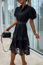 Valeria Effortless Solid Hollow Out Buttons with Belt, Turn Down Collar, a Line Dresses Designer Edit