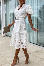 Valeria Effortless Solid Hollow Out Buttons with Belt, Turn Down Collar, a Line Dresses Designer Edit