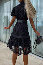 Valeria Effortless Solid Hollow Out Buttons with Belt, Turn Down Collar, a Line Dresses Designer Edit