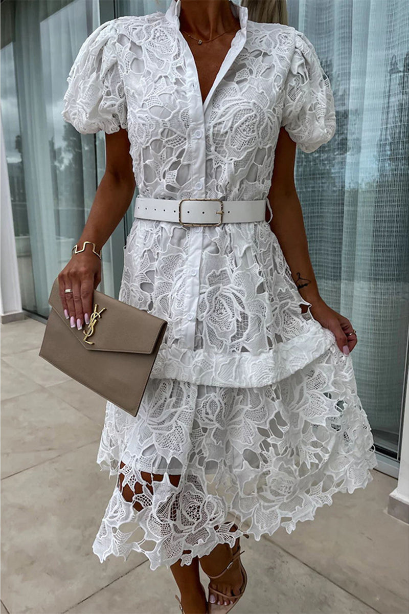 Valeria Effortless Solid Hollow Out Buttons with Belt, Turn Down Collar, a Line Dresses Designer Edit