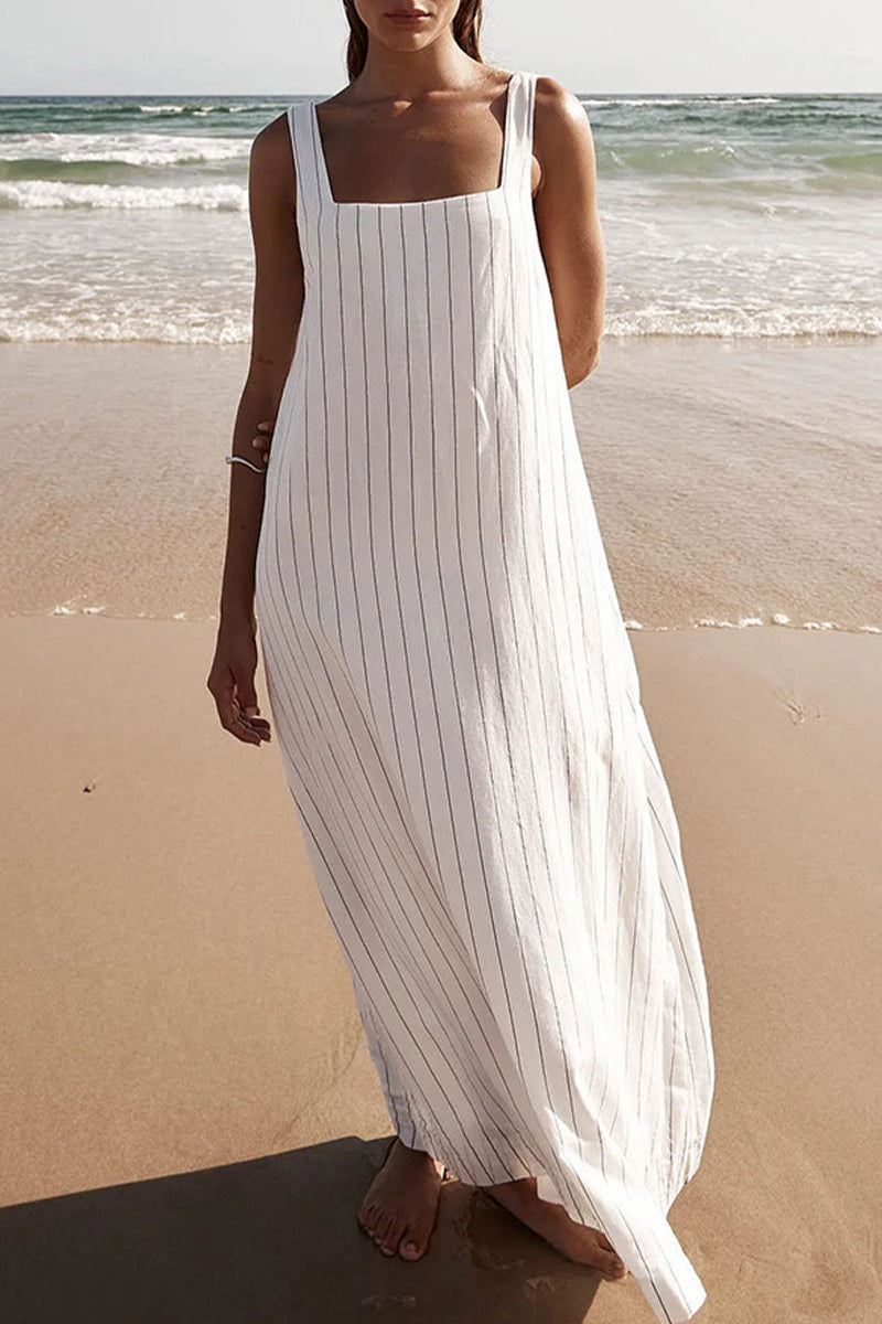 Soledad Elevated Casual Sleeveless Dresses with Striped Patchwork and Square Collar Designer Edit