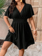 Plus Size V Neck Ruffle Dress With Cinched Waist Fit