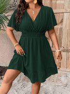 Plus Size V Neck Ruffle Dress With Cinched Waist Fit