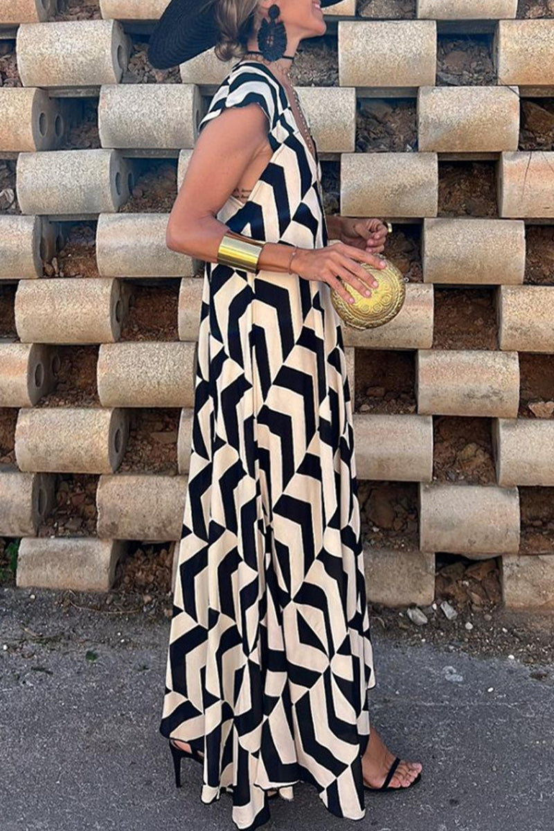 Natividad Timeless Casual Vintage Geometric Print Wavy Backless Asymmetrical V Neck Printed Dresses Boutique Dress Collection