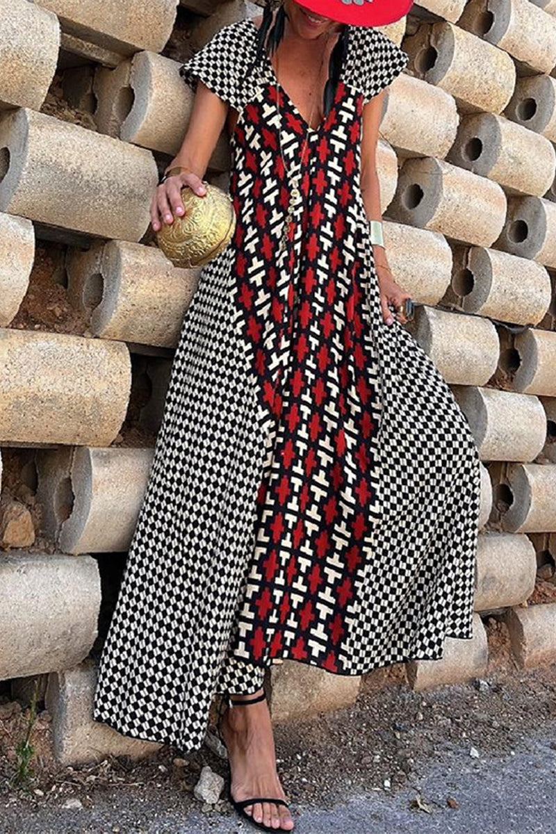 Natividad Timeless Casual Vintage Geometric Print Wavy Backless Asymmetrical V Neck Printed Dresses Boutique Dress Collection