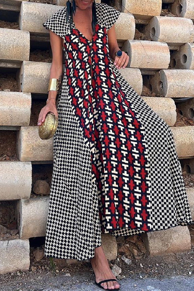Natividad Timeless Casual Vintage Geometric Print Wavy Backless Asymmetrical V Neck Printed Dresses Boutique Dress Collection