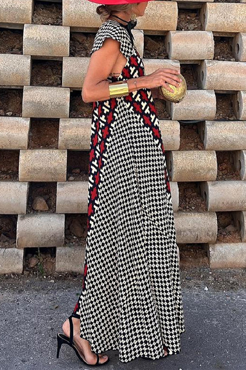 Natividad Timeless Casual Vintage Geometric Print Wavy Backless Asymmetrical V Neck Printed Dresses Boutique Dress Collection