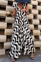 Natividad Timeless Casual Vintage Geometric Print Wavy Backless Asymmetrical V Neck Printed Dresses Boutique Dress Collection