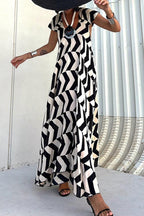 Natividad Timeless Casual Vintage Geometric Print Wavy Backless Asymmetrical V Neck Printed Dresses Boutique Dress Collection
