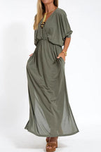 Nelly Exclusive Casual, , Solid Color, One Tier Skirt Dresses with Pocket Slit and V Neck Elevated Occasion Wear