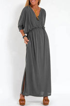 Nelly Exclusive Casual, , Solid Color, One Tier Skirt Dresses with Pocket Slit and V Neck Elevated Occasion Wear