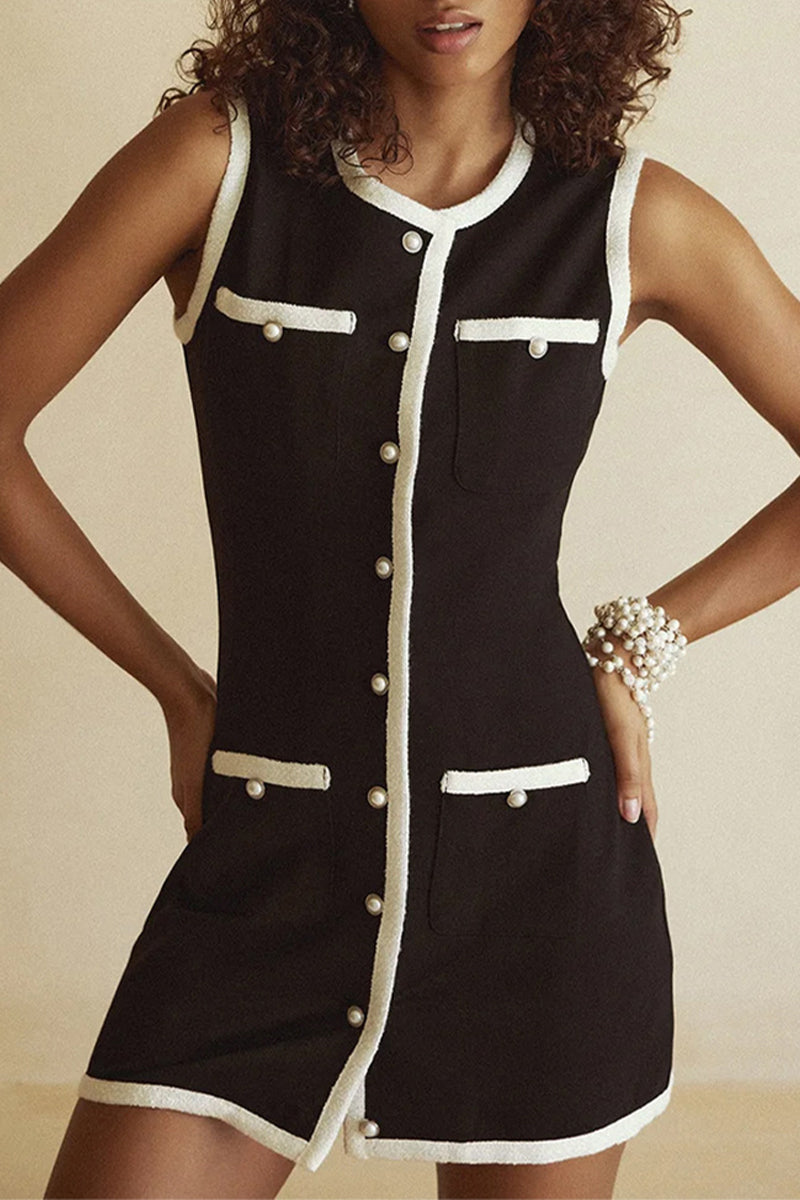 Fabiana Aesthetic Celebrity Dresses with Solid Color Buttons and Beaded O Neck and Wrap Skirt Elevated Occasion Wear
