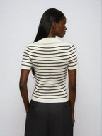 Lined Cashmere Blend Knit Sweater Turndown Collar Stripe