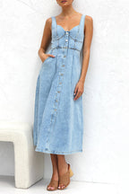 Angeline's Minimalist Solid Color Sleeveless Loose Denim Dresses with Pocket Buckle and V Neck Boutique Collection