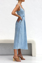 Angeline's Minimalist Solid Color Sleeveless Loose Denim Dresses with Pocket Buckle and V Neck Boutique Collection