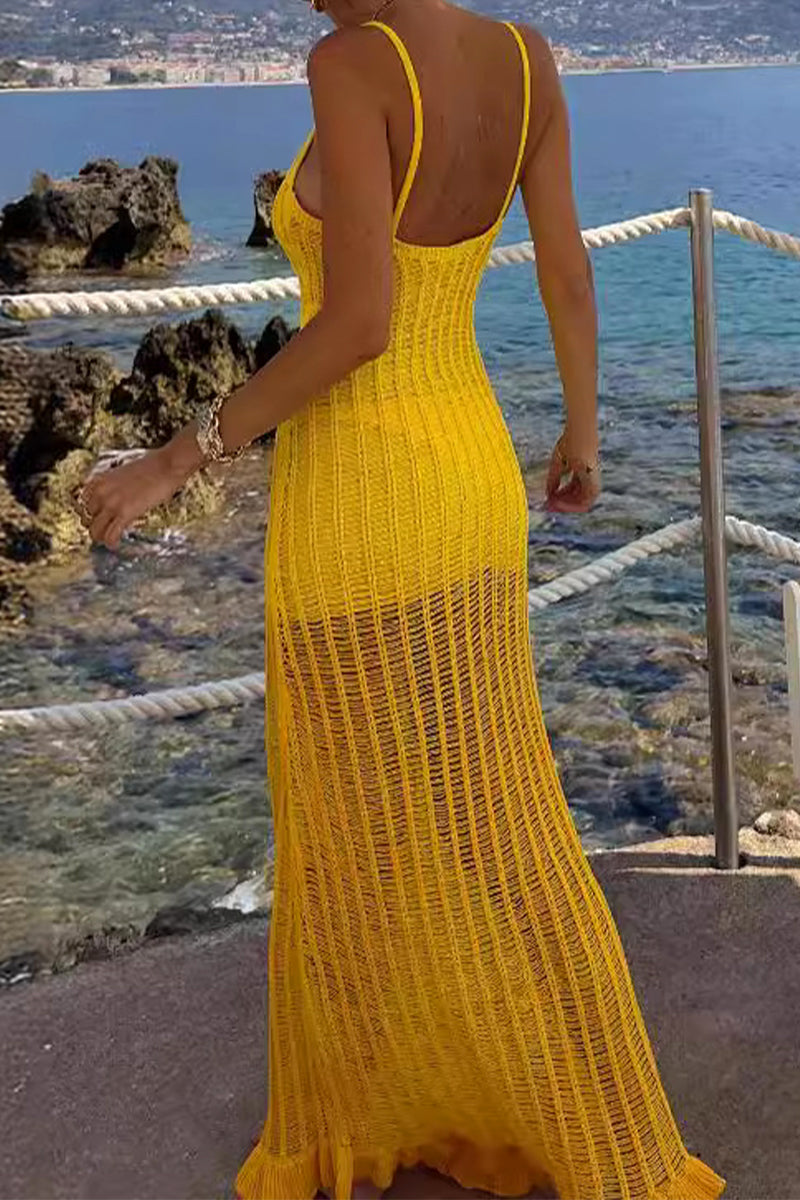 Nicolasa Chic Solid Color Scoop Neck Hollow Out Sling Dresses for Vacation Silhouette Collection