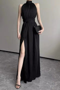 Karol Timeless Solid Color Dresses with Halter Waist Skirt and Slit Premium Wardrobe Essential