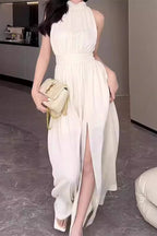Karol Timeless Solid Color Dresses with Halter Waist Skirt and Slit Premium Wardrobe Essential
