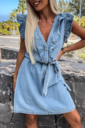 Ivette Chic Casual Solid Color Sleeveless Denim Dresses with Flounce and V Neck Statement Occasion Edit